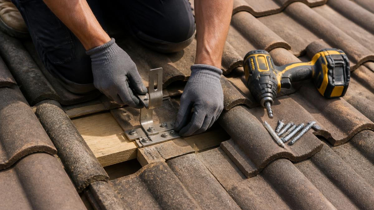 Tradesperson securing stainless steel roof hooks as reliable fixings for solar panel installation on rafters.