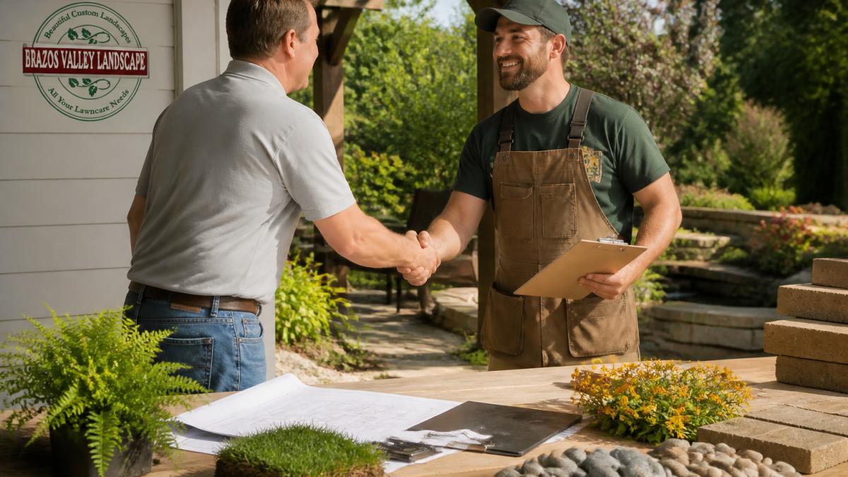 A homeowner and a landscape contractor shaking hands in a well-maintained garden, with a clipboard and plant samples visible, warm natural light
