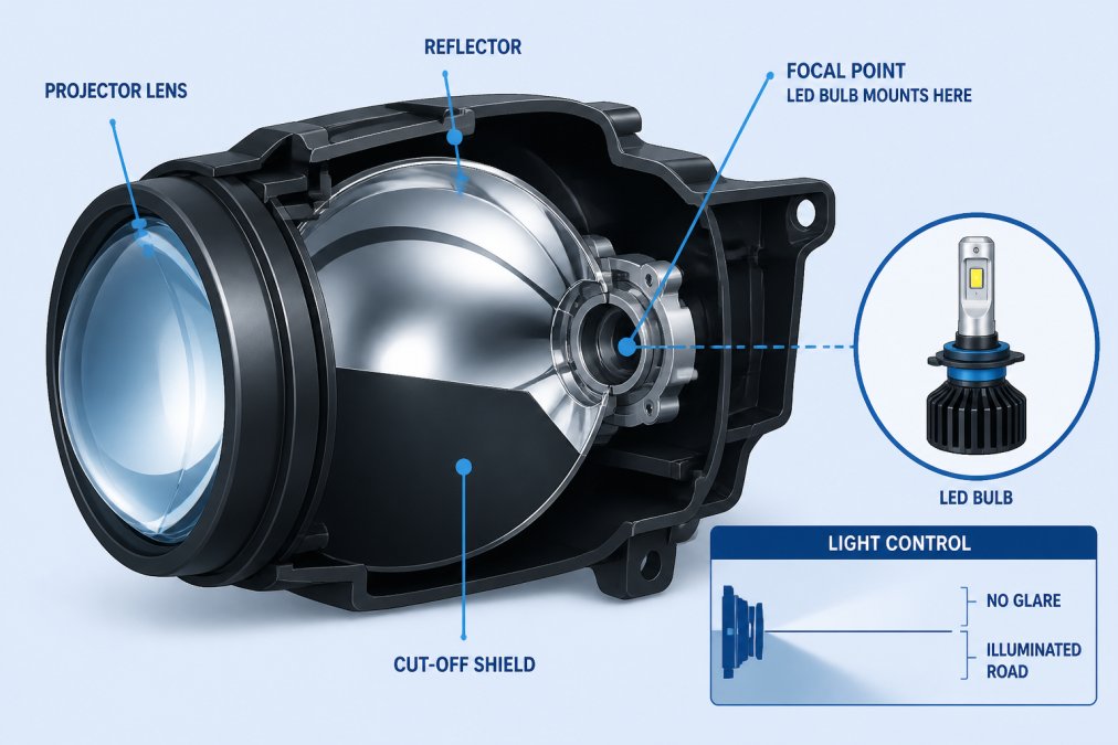 Close-up of an open projector headlight housing showing the internal lens, reflective surfaces, and focal point where an LED bulb would mount, with clear detail of the cut-off shield