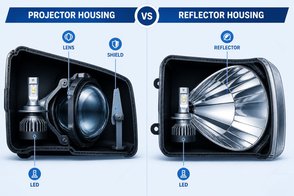 Side-by-side cross-section view of an open projector headlight housing on the left showing the internal lens and shield mechanism, and a reflector housing on the right showing the curved reflective surface, with natural lighting highlighting the internal structures