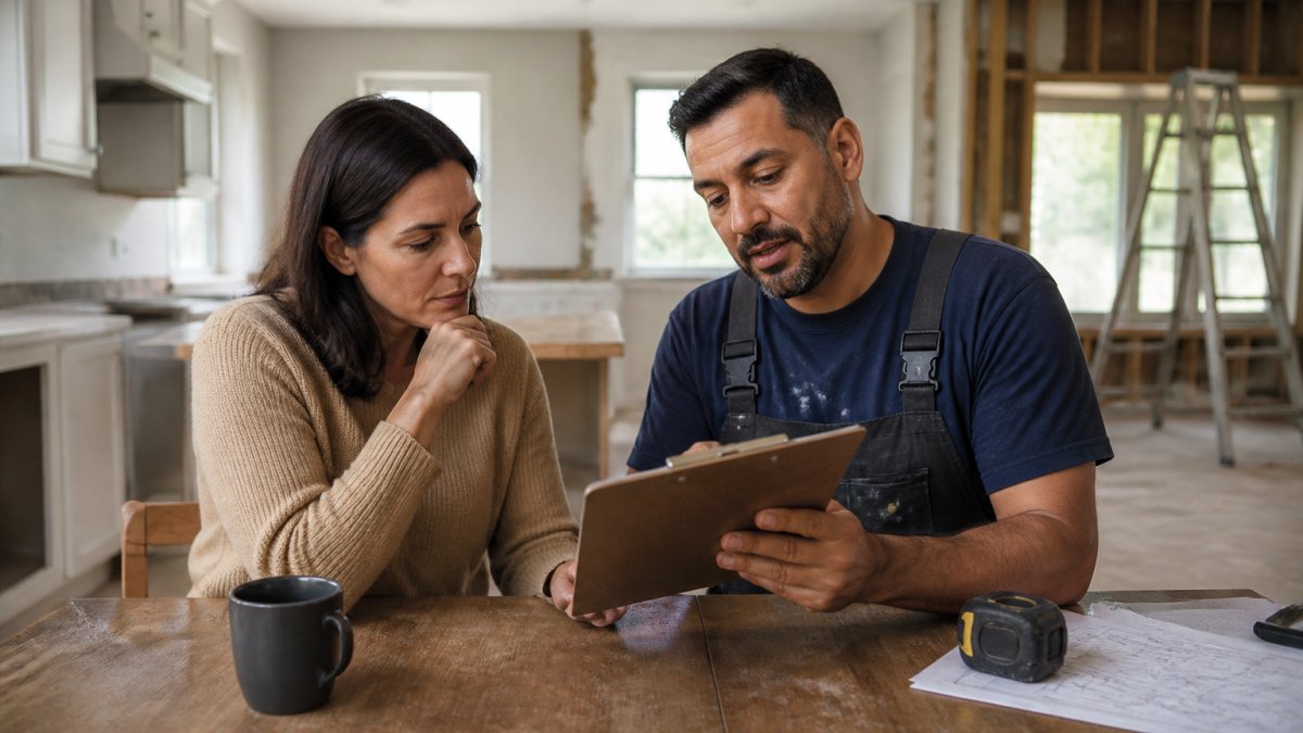 A homeowner and a contractor in work clothes reviewing a clipboard of questions at a kitchen table, with a partially renovated room in the background