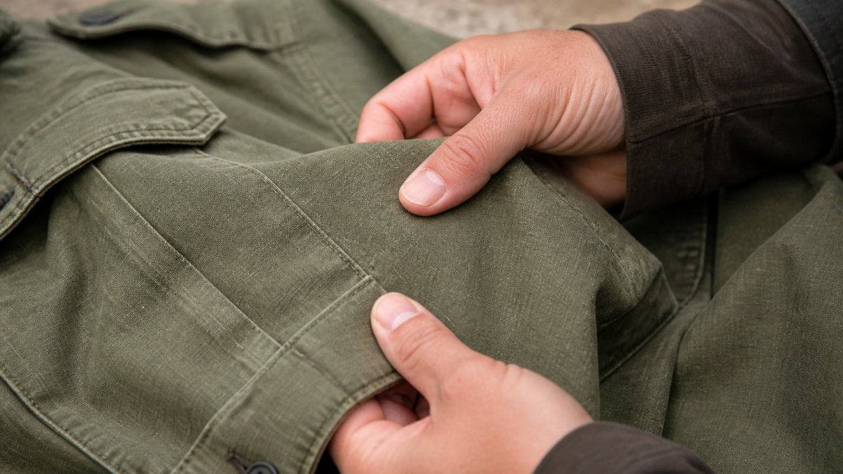 Close-up of hands examining military field jacket fabric texture and weave pattern, showing stitching detail under natural daylight