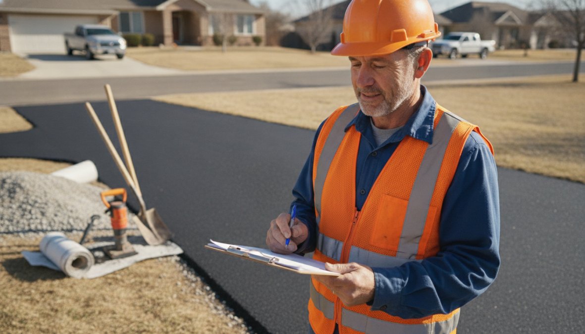 A professional paving contractor in a high-visibility vest reviewing documents on a clipboard with a freshly laid asphalt driveway in the background on a sunny day