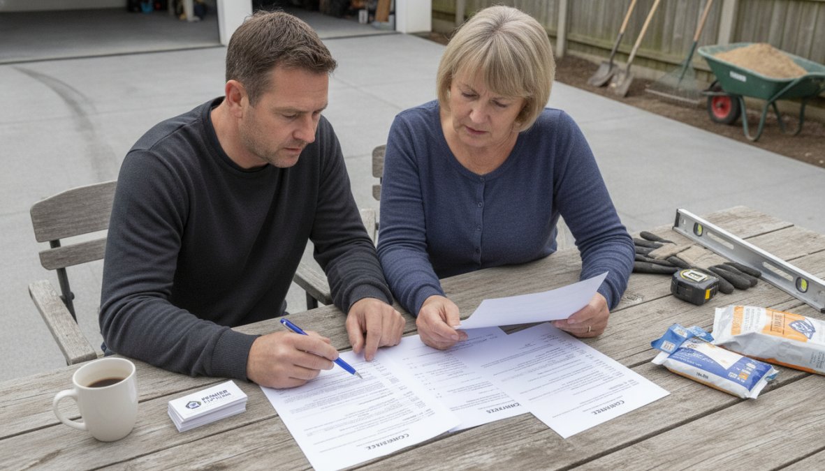 A homeowner and a paving contractor sitting at an outdoor table reviewing printed quotes and contract paperwork together, with a concrete driveway visible nearby in afternoon sunlight