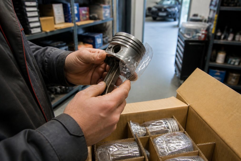 Hands examining an automotive performance part under bright workshop lighting, closely inspecting packaging labels, serial numbers, holographic security features, and component markings for authenticity verification