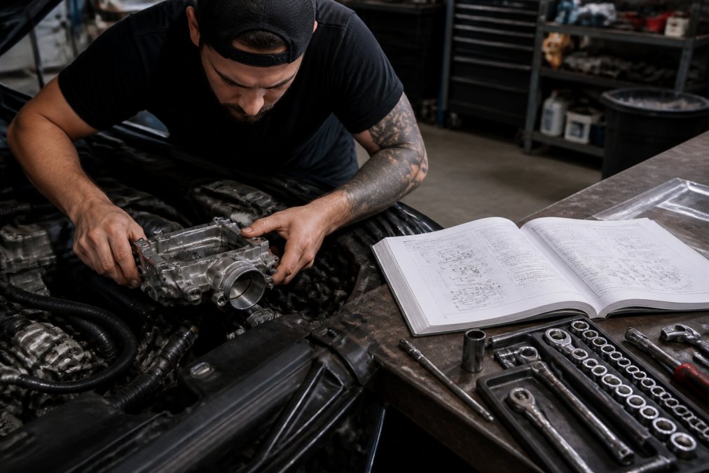 DIY enthusiast installing a performance engine component in an engine bay, with technical service manual open on workbench, socket set and specialised tools visible nearby in organised workspace