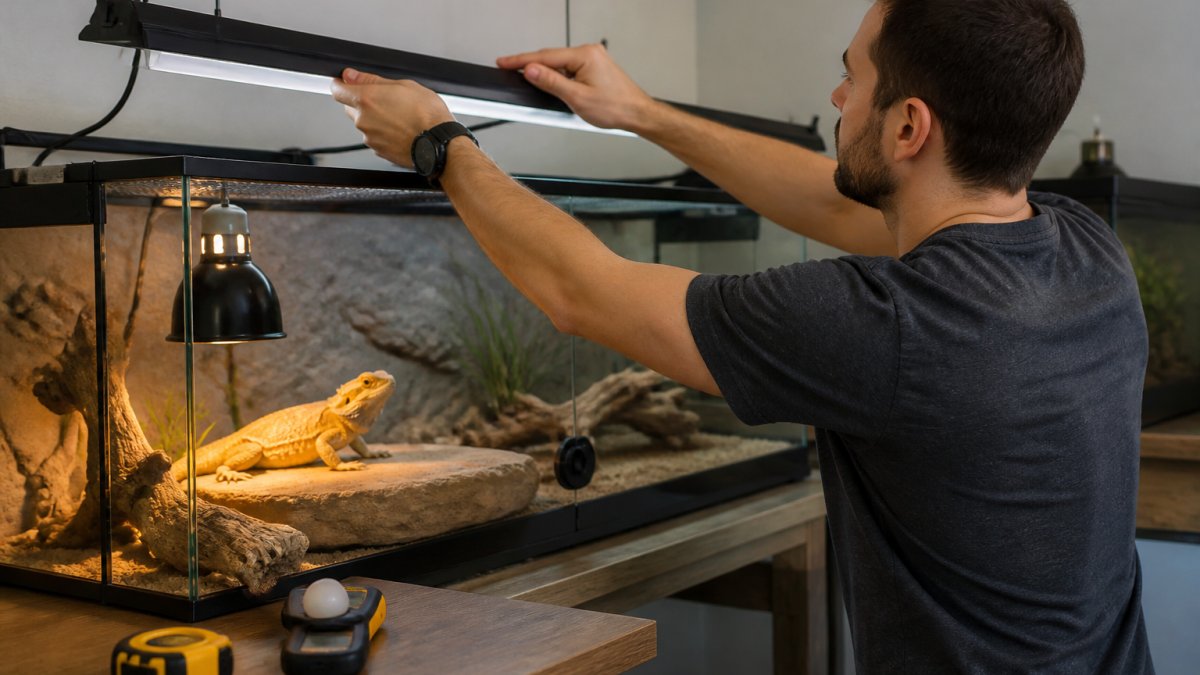 A reptile keeper adjusting a T5 HO light fixture mounted above a screen-top terrarium, with a bearded dragon visible on a basking rock below. Run the UVB tube the length of the enclosure rather than clustering it at one end, creating a gradient the animal can move through to self-regulate exposure. ### Working Mounting Heights for T5 HO Tubes Manufacturer distance charts are a starting point, not the final answer. For a typical T5 HO 10.0 or 12% tube in a reflector fixture, mount the tube so the basking surface sits roughly 12 to 18 inches below it for a moderate-UVB basking species, and 8 to 12 inches for a high-UVB desert species. Reflector design, tube age, and screen type all shift the real number. Three variables move the target: - **Reflector quality.** A polished aluminum reflector can roughly double the usable UVB reaching the basking spot compared with a bare tube, so a fixture without a reflector needs to sit closer or use a stronger tube. - **Tube type.** A T5 HO tube delivers more output at a given distance than an older T8 tube, which is why T8 setups often need shorter mounting distances to hit the same target. - **Screen type.** Fine metal mesh blocks a meaningful share of UVB, while wider-gauge screen blocks less. The denser the mesh, the closer the fixture must sit. ### Lighting Through Mesh, Glass, and Acrylic Screen mesh blocks a meaningful share of UVB, and glass and acrylic block nearly all of it. If your fixture sits above a fine metal screen, compensate with a stronger tube or shorter mounting distance. Remove glass tops or replace them with screen wherever UVB is required. Treat any material between the lamp and the animal as a tax on output: the same fixture that works over an open-top enclosure can under-deliver badly under a glass lid. :::warning Never rely on a glass or acrylic cover between your UVB lamp and the animal. These materials filter out most ultraviolet radiation, so the animal receives heat and visible light but almost no UVB, and the deficiency shows up months later as weak bones. ::: ### Verify Placement Instead of Trusting the Chart Because reflector, tube, and screen variables stack, the only reliable way to confirm placement is to measure. A UV Index meter held at the basking surface, directly under the tube and at the height the animal actually sits, tells you what the animal receives. Set the fixture at the chart's recommended distance, read the basking surface, then raise or lower it in small steps until the reading lands in your species target range. Recheck after any change to the screen, lid, or bulb. :::tip Mark your final mounting height on the stand or wall with a piece of tape. When you swap a bulb or move the enclosure, you can return the fixture to the exact height that measured correctly instead of guessing again. ::: ## Basking Temperatures, Ambient Heat, and Temperature Gradients Basking temperature, ambient temperature, and the gradient between them matter as much as the light itself. A reptile that cannot reach its preferred basking temperature cannot digest food properly, and one that cannot cool down is equally at risk. Build a hot spot at one end and a cooler retreat at the other. Use a [halogen basking bulb