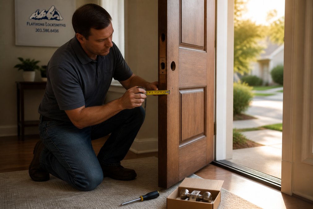 A homeowner kneeling at an open wooden front door, holding a tape measure across the door edge while a new lock box and screwdriver sit on the floor beside them, warm afternoon light through the doorway