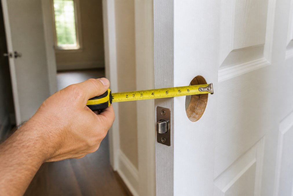 Homeowner's hand using a measuring tape to measure the backset distance from the edge of a residential door to the center of the lock hole, with the door partially open showing clear measurement points