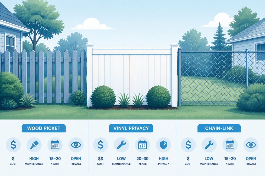 Comparison infographic showing wood, vinyl, and chain-link residential fencing materials side-by-side.