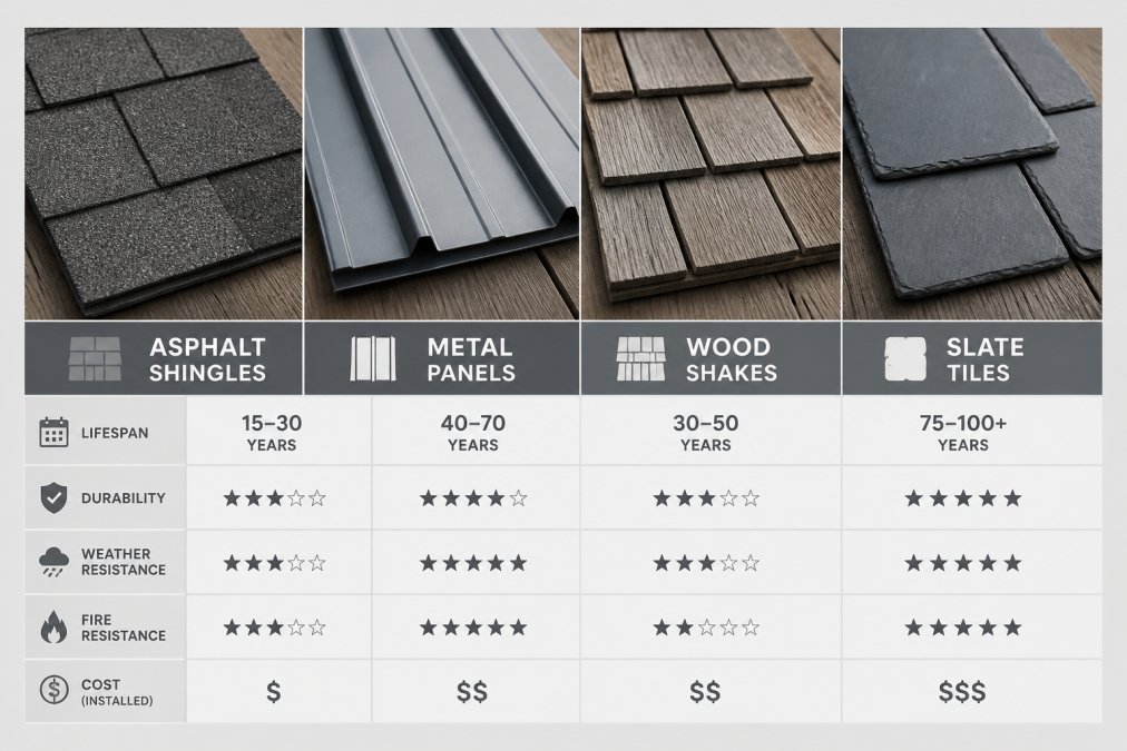 Close-up of various roofing material samples displayed side by side showing texture and color differences between asphalt shingles with their granular surface, metallic gray metal panels, weathered wood shakes with natural grain patterns, and dark slate tiles with natural striations, arranged on a wooden work surface in natural daylight