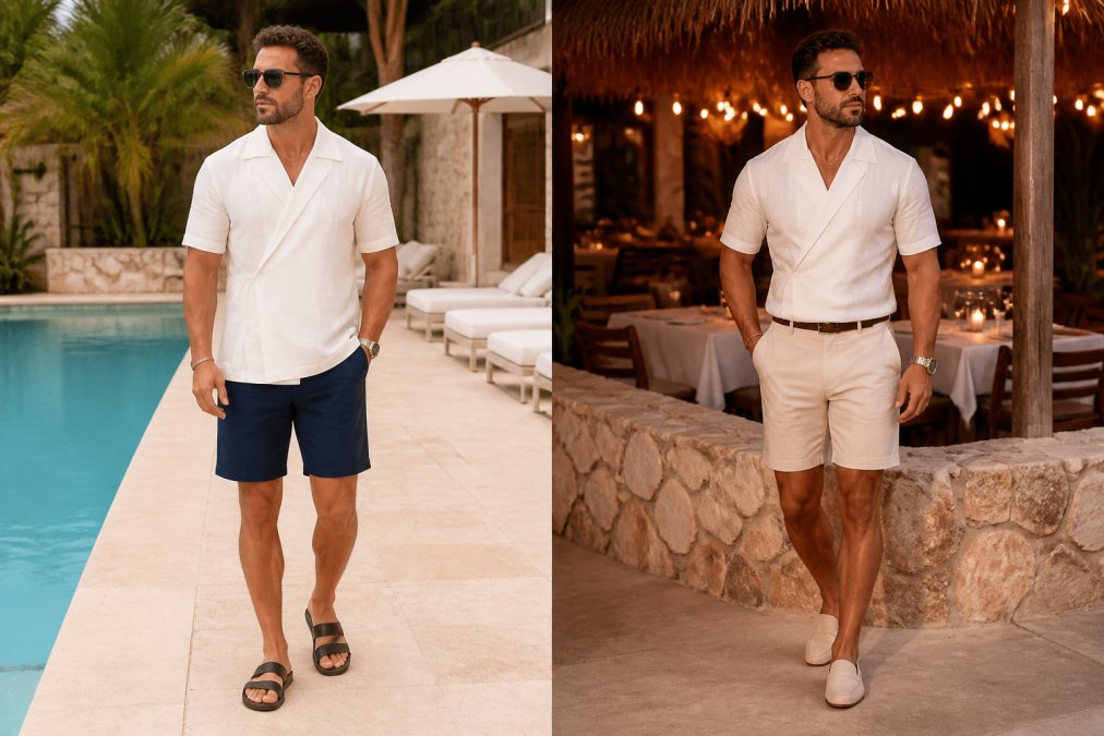 Man in resort setting: left side shows casual daytime styling with untucked linen shirt, athletic shorts, and sandals by the pool; right side shows same person in elevated evening styling with tucked linen shirt, tailored chino shorts, loafers, and accessories at a resort restaurant with warm lighting