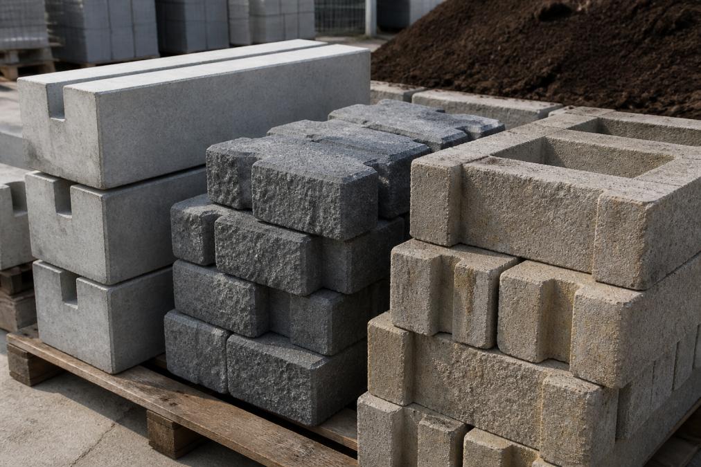 Close-up view of different retaining wall block materials stacked on a pallet at a landscaping supply yard, including concrete sleepers and interlocking blocks, with garden soil visible in the background