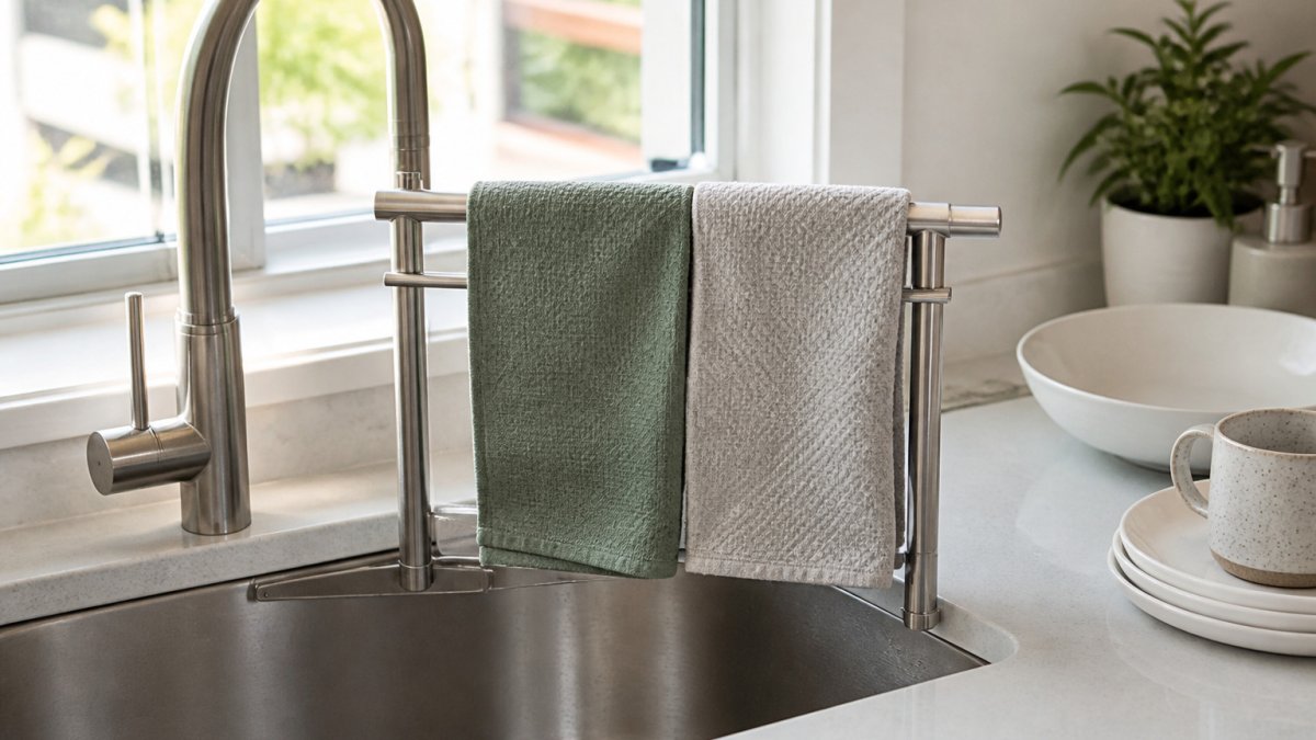 Two reusable kitchen cloths drying on a rack beside a stainless steel faucet in a bright home kitchen