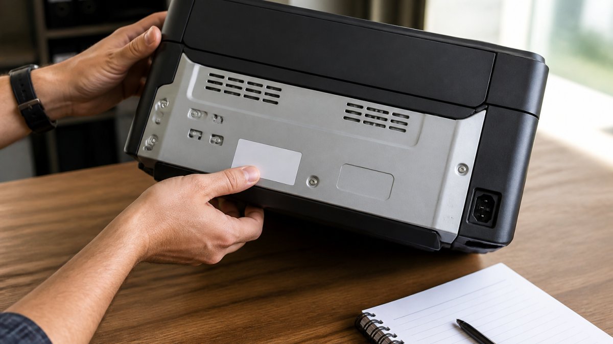 Close-up of a person's hands tilting a laser printer to read the model number label on the back panel, with the printer sitting on a wooden office desk and a notebook beside it