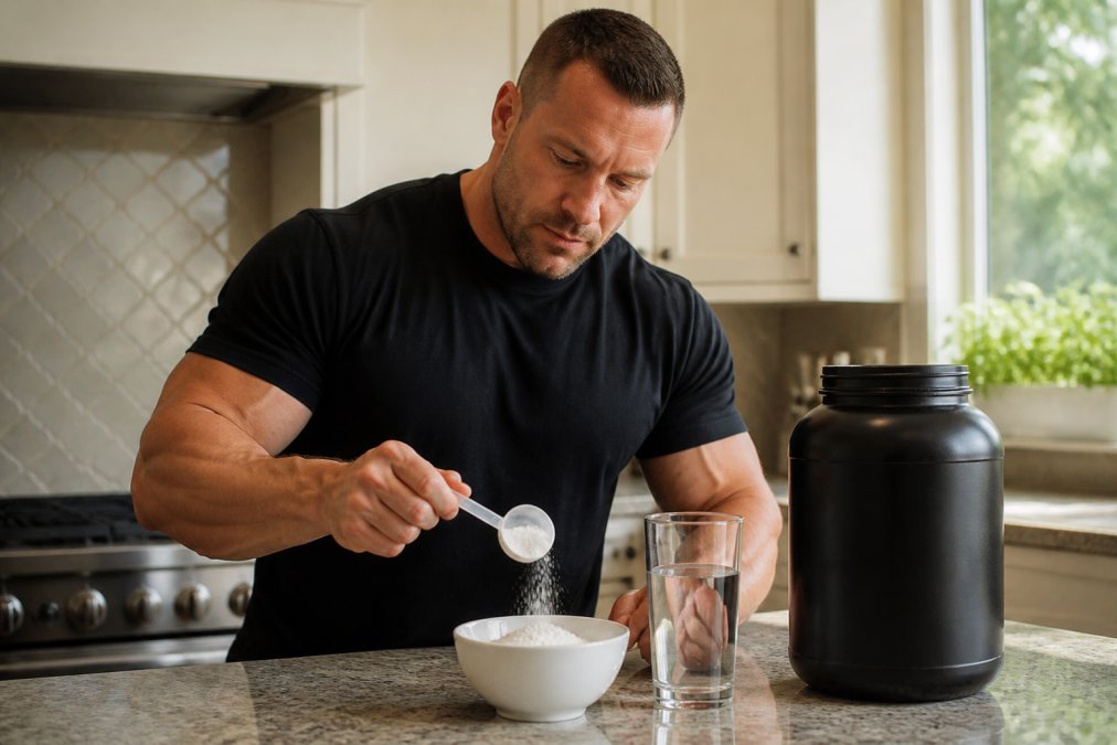A clean kitchen counter with a scoop of white creatine monohydrate powder in a small bowl, a glass of water, and a tub of protein powder in the background, bright natural lighting