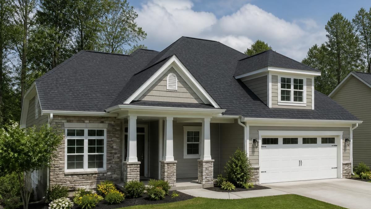 Residential home exterior showing completed roof with dark architectural shingles in natural daylight, color complementing neutral siding and landscaping