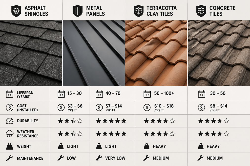 Close-up view of different roofing material samples arranged side by side in natural sunlight, showing asphalt shingle textures, metal panel finish, terracotta clay tiles, and concrete tiles with varied colors and surface patterns