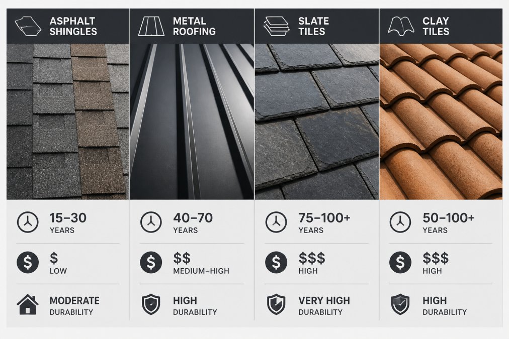 Close-up of different roofing material samples displayed side by side, asphalt shingles with varying colors, metal roofing panels, slate tiles with natural grain, and clay tiles with curved profiles, showing texture and depth in natural sunlight