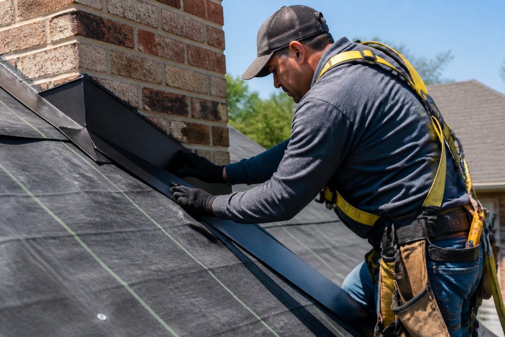 Certified roofing professional installing underlayment and metal flashing on a residential roof in bright daylight, demonstrating proper technique with safety harness and equipment, showing close attention to seam alignment