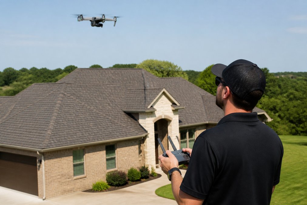 Professional roofing contractor operating a drone for aerial inspection above a residential home, with the drone hovering over the roof and the technician visible below holding the controller, with the house roof and surrounding landscape visible