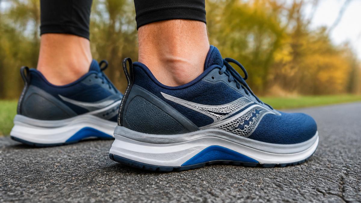 Close-up of a runner's feet in stability running shoes on a paved path, showing the shoe's midsole and arch area from a low angle