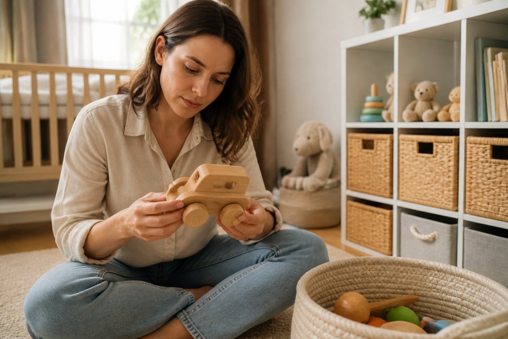 Parent reading safety labels and certification marks on a wooden baby toy in a bright nursery room with natural daylight