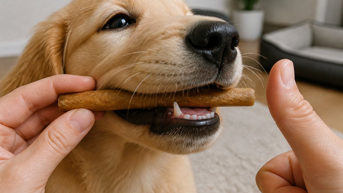 Close-up of a puppy's mouth showing proper chew size relative to muzzle length, with owner's hand demonstrating the thumbnail hardness test