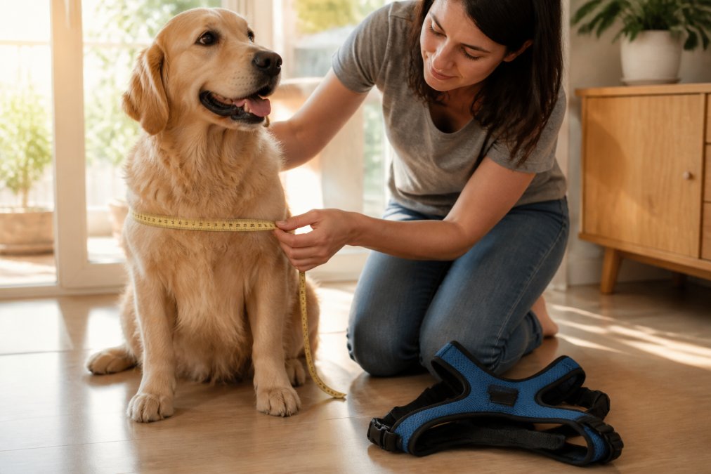 A person kneeling on a light wood floor measuring a golden retriever's chest with a soft yellow tape measure, a padded blue harness resting nearby, morning light through a window