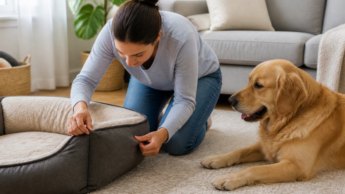 A pet owner kneeling beside a dog bed in a bright living room, closely inspecting the seams and fabric with both hands while a golden retriever watches nearby