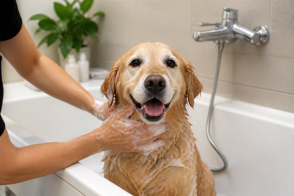 A dog being gently bathed with warm water and specialized shampoo, showing proper hand positioning and the dog appearing calm during grooming with natural bathroom lighting