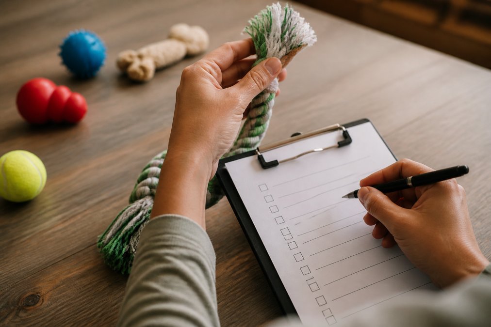 Close-up of hands inspecting a dog toy for loose parts, fraying, and wear while holding a clipboard with a safety checklist