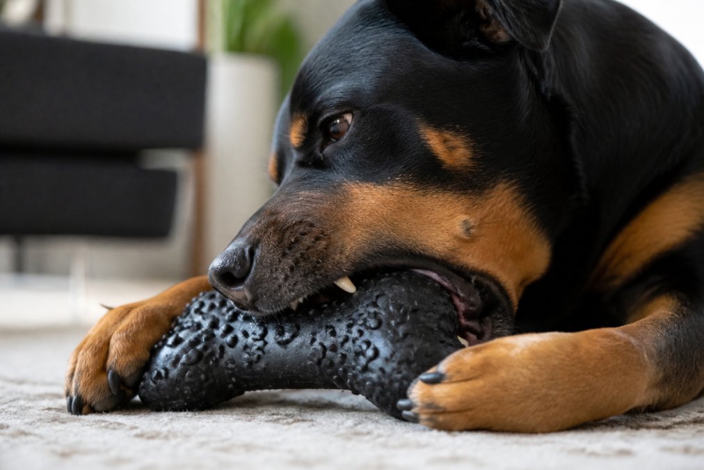 Close-up of a dog actively chewing on a durable rubber toy, showing focused engagement with textured surface during intense play