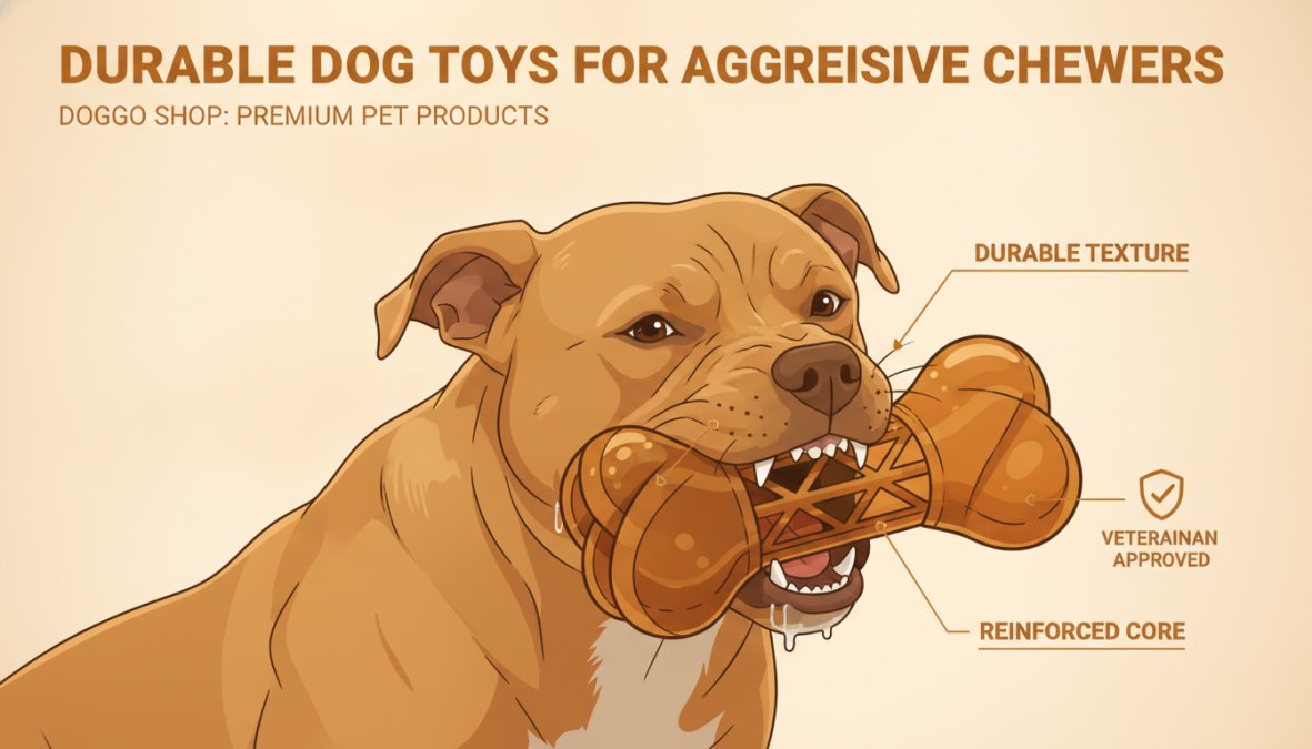 Close-up of a dog's teeth actively engaging with a durable rubber toy, showing the dog's focused expression and the toy's textured surface designed to withstand heavy chewing
