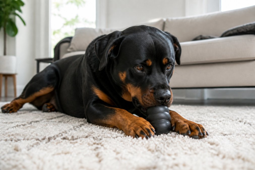 Close-up of a strong dog lying on a bright living room rug, calmly chewing a thick dark rubber toy that shows no visible damage, with no small pieces or debris nearby