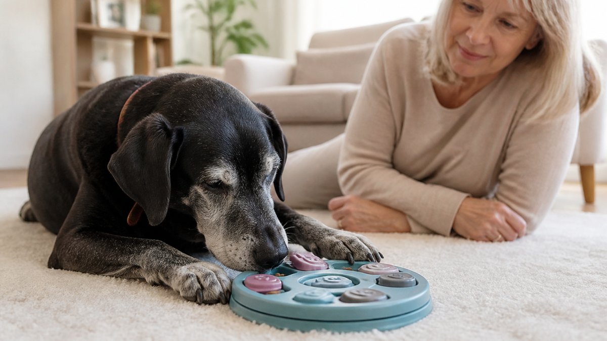 A senior dog with a gray muzzle lying on a soft rug, gently nosing a low-profile puzzle feeder filled with treats, while a caring owner watches nearby in a bright living room