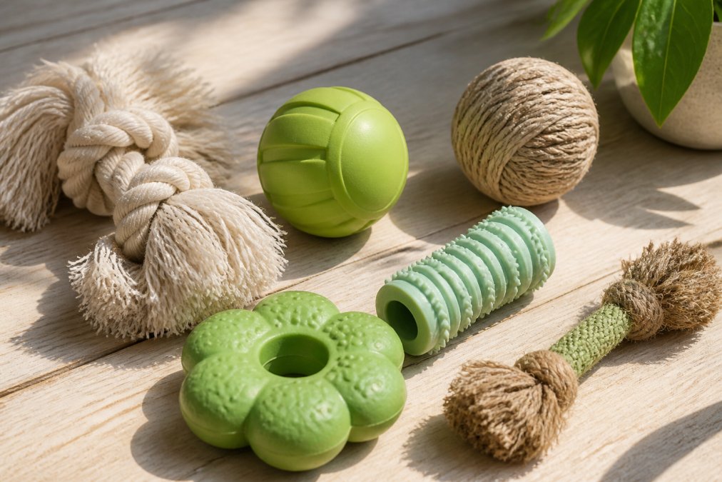 Close-up of various safe dog toys made from natural materials, organic cotton rope toys, natural rubber balls, food-grade silicone chew toys, and hemp fiber toys arranged on a light background with natural sunlight