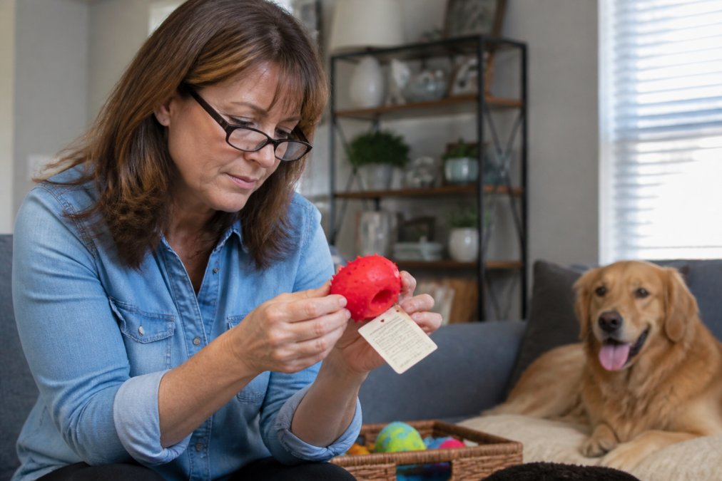 Pet owner examining a dog toy label carefully, reading material composition and ingredient information with reading glasses in natural home lighting