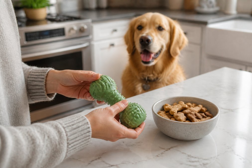 A dog owner's hands holding a natural rubber dog toy next to a bowl of dog treats on a kitchen counter, with a happy golden retriever watching in the background