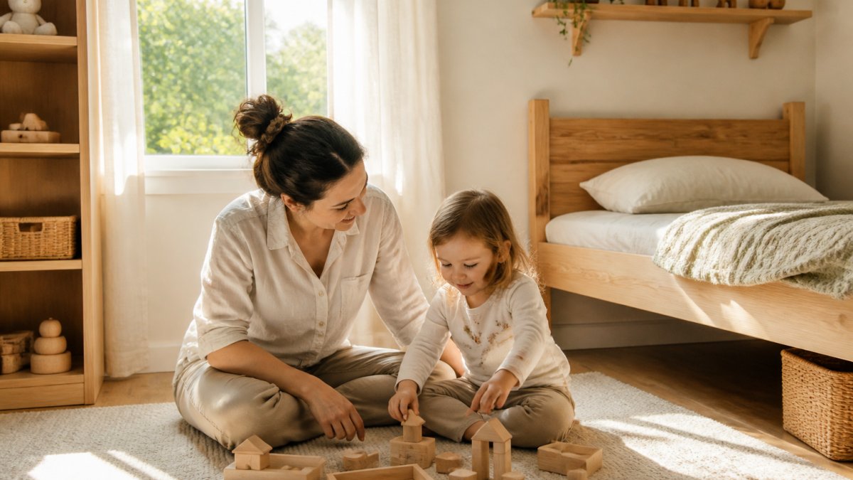 Parent and child in a bright, airy bedroom with natural wood furniture and soft natural light streaming through a window, showing a calm, healthy living space