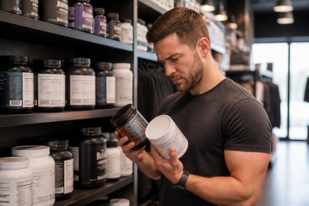Person in gym setting comparing multiple supplement bottles on a shelf, appearing skeptical while reading ingredient lists