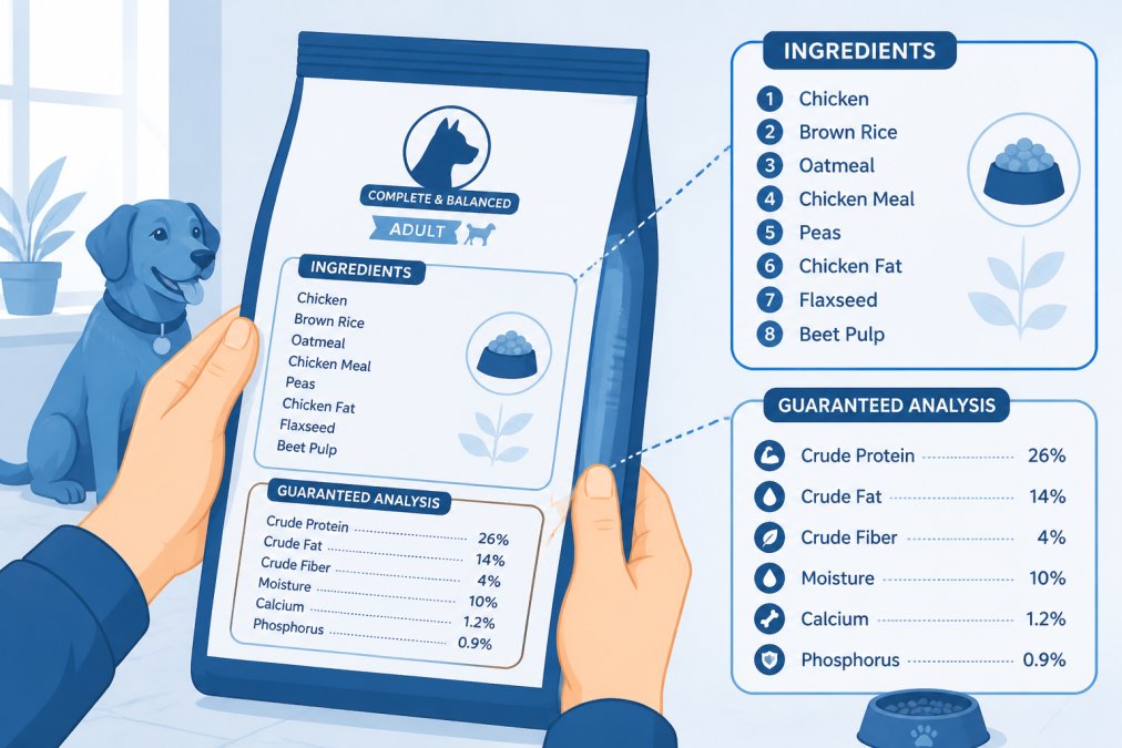 Pet owner's hands examining a pet food bag label in natural light, showing ingredient list and guaranteed analysis section clearly visible on the packaging