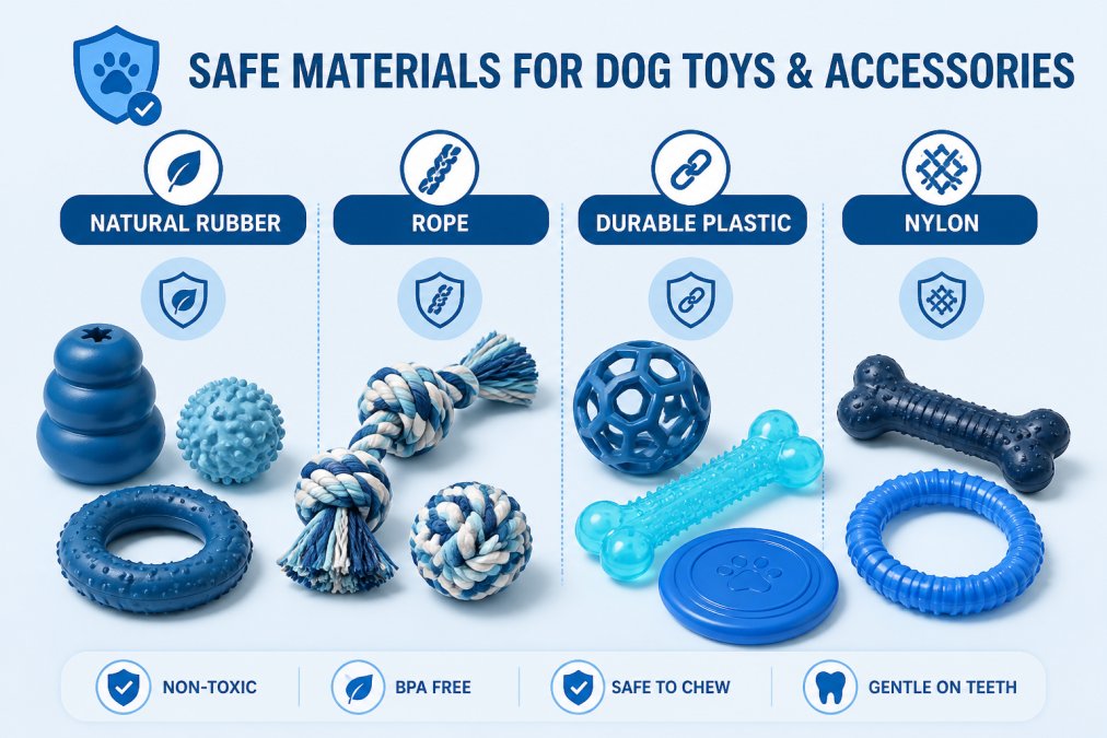 Collection of safe pet toys and chew toys arranged on a clean surface, showing various non-toxic materials and textures including natural rubber, rope, durable plastic, and nylon in different colors and sizes