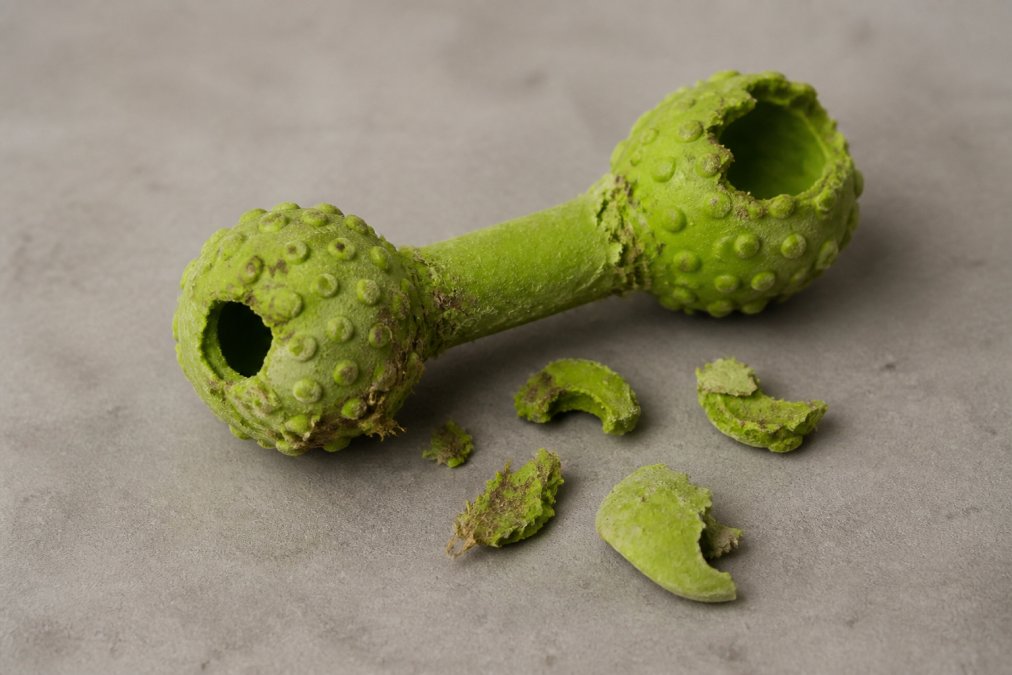 Close-up of a dog toy with visible tears, loose rubber pieces, and fragmented sections on a neutral background, showing clear signs of deterioration and wear