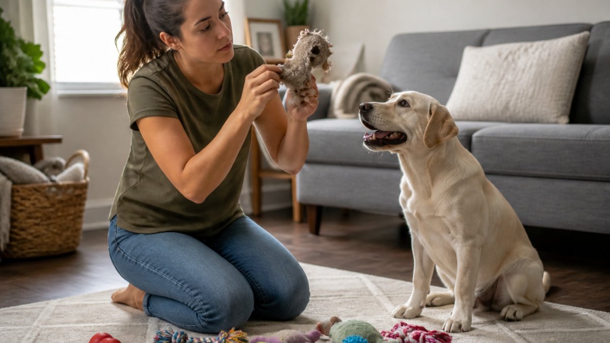 Pet owner inspecting a worn rubber dog toy for damage in a living room as their dog sits nearby.