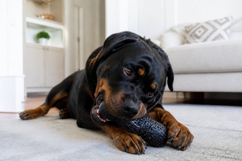 A large dog actively chewing on a durable rubber toy in a bright living room, showing engaged play and safe interaction with the toy