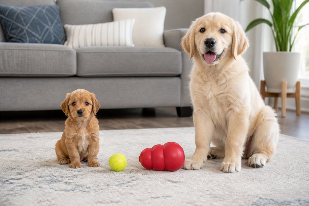 A small puppy sitting next to a large breed puppy, with a tennis ball and a much larger rubber chew toy placed between them to show size comparison, bright natural lighting in a living room