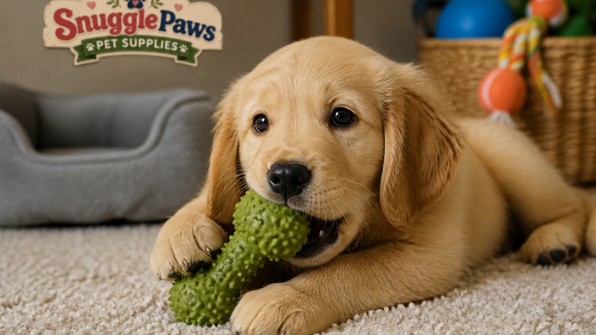 Infographic showing the step-by-step process for selecting durable, natural rubber chew toys for puppies.