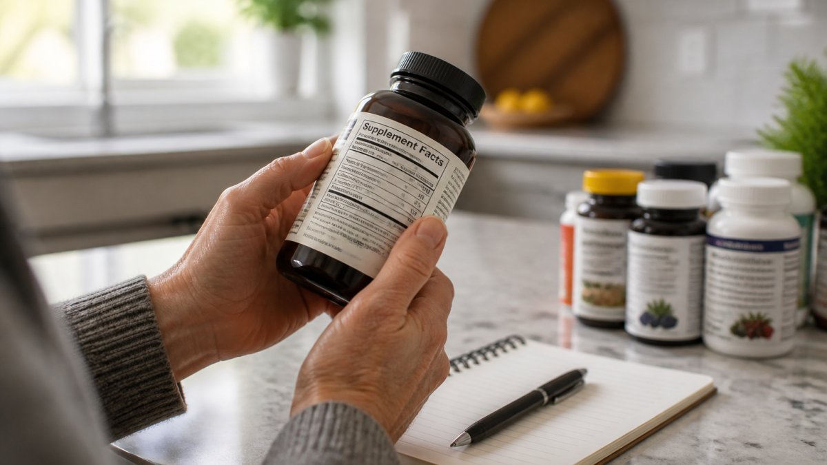 Close-up of hands holding a supplement bottle, turning it to read the Supplement Facts panel, with a notepad and pen on a kitchen counter in soft natural light