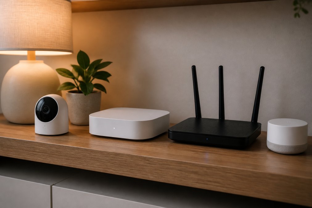 A tidy modern living room shelf displaying a smart home hub, wireless router, and two connected smart devices, warm ambient lighting, no people visible, clean minimalist aesthetic